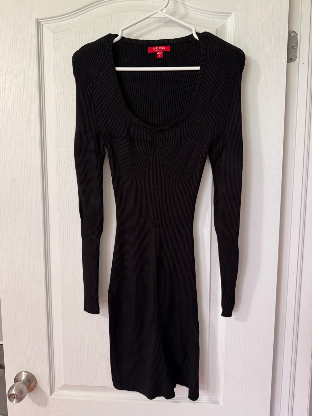 GUESS Black Ribbed Scoop-Neck Long Sleeve Dress